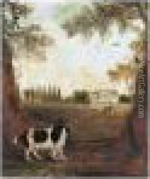A King Charles Spaniel In A Park, A Country House Beyond Oil Painting - John Snr Ferneley
