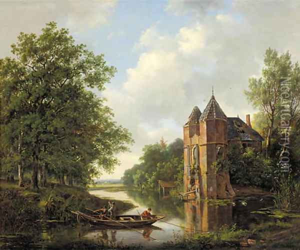 A riverlandscape with anglers in a rowingboat by a ruined mansion Oil Painting - Frans Arnold Breuhaus de Groot
