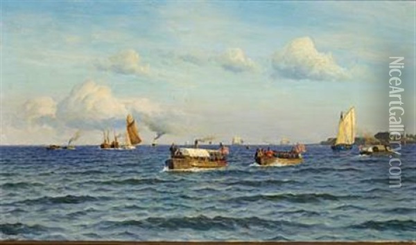 Barges And Rowing Boats With The American Flag At Trekroner Off Copenhagen Oil Painting - Holger Luebbers