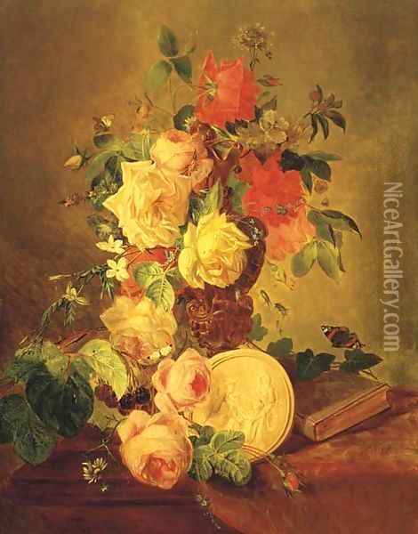 Butterflies by a mixed bouquet with roses Oil Painting - Francois-Joseph Huygens