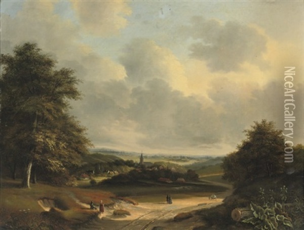 An Extensive Summerlandscape With A View Of A Small Village Oil Painting - Cornelis Marinus Willem Mongers