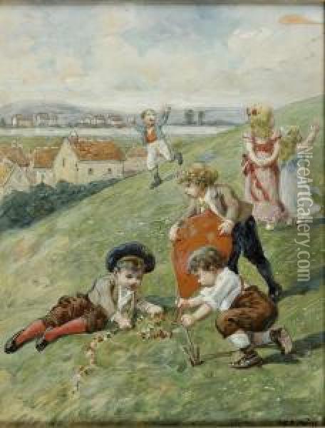Les Enfants Jouant Sur La Colline Oil Painting - Auguste Joseph Trupheme