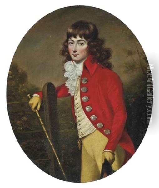 Portrait Of A Gentleman In A Scarlet Coat And Yellow Breeches, A Cane In His Right Hand, A Hat In His Left, In A Landscape Oil Painting - John Russell