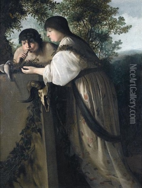 A Woman And A Boy Making An Offering At A Pagan Altar Oil Painting - Paulus Bor