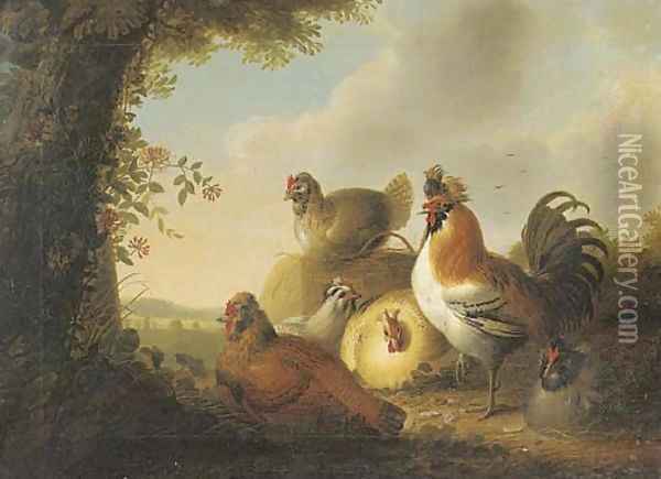 A cockerel and chickens in a wooded landscape Oil Painting - Philip Reinagle
