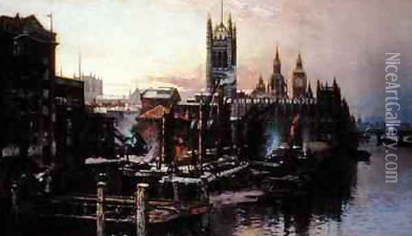View of the Houses of Parliament from the River Thames London Oil Painting - Thomas Greenhalgh