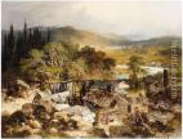 An Extensive River Landscape With Water Mill Oil Painting - Edmund John Niemann, Snr.