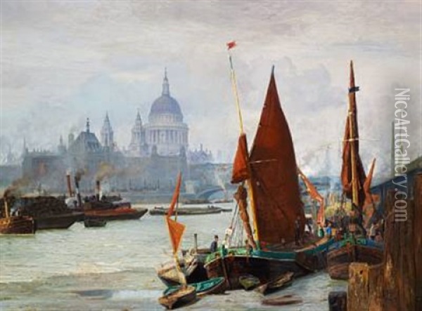 View Of The Thames In London. In The Background St. Paul's Cathedral Oil Painting - Vilhelm Karl Ferdinand Arnesen