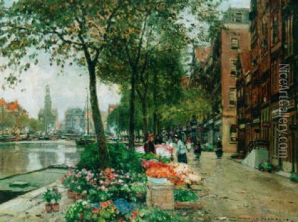 The Flower Market With The Munt Tower, Amsterdam Oil Painting - Heinrich Hermanns