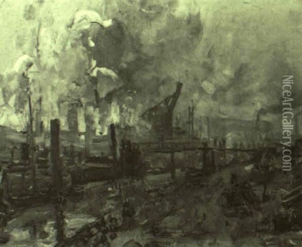 Industriehafenansicht Mit Rauchenden Schornsteinen Oil Painting - Theodor Hummel