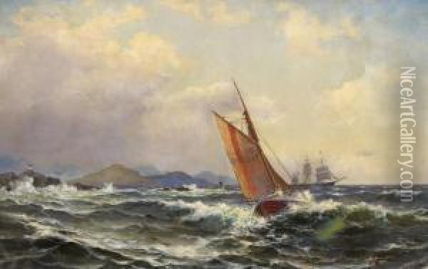 Schiff Auf Sturmischersee Oil Painting - Lars Laurits Larsen Haaland