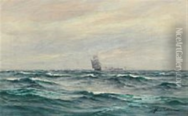 Ships At Sea Oil Painting - Andreas Christian Riis Carstensen