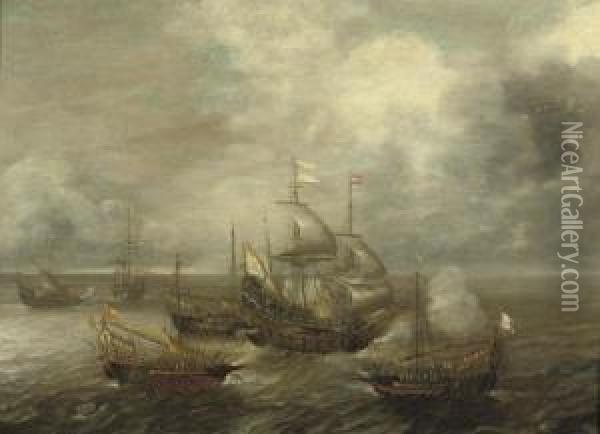 A Naval Engagement Between A Galleon And Frigates Oil Painting - Savery Pieter