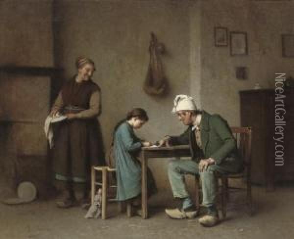 Helping Out With A Letter Oil Painting - Charles Moreau