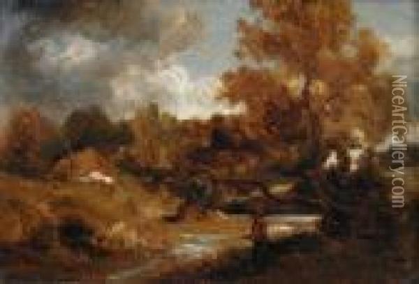 An Angler Fishing A River In An Autumn Landscape Oil Painting - William James Muller