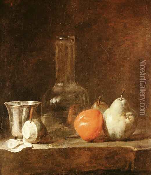 Still Life With Carafe Silver Goblet And Fruit Oil Painting - Jean-Baptiste-Simeon Chardin