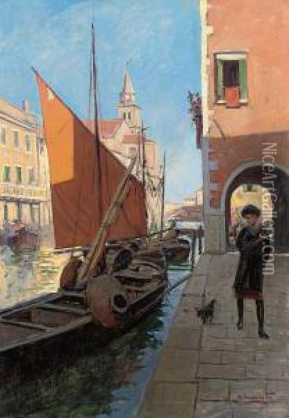 A Stroll Along A Venetian Backwater Oil Painting - Gaetano Esposito