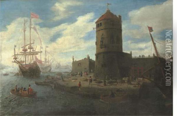 A Capriccio Of A Mediterranean Harbour With Elegant Figures Oil Painting - Lorenzo A. Castro
