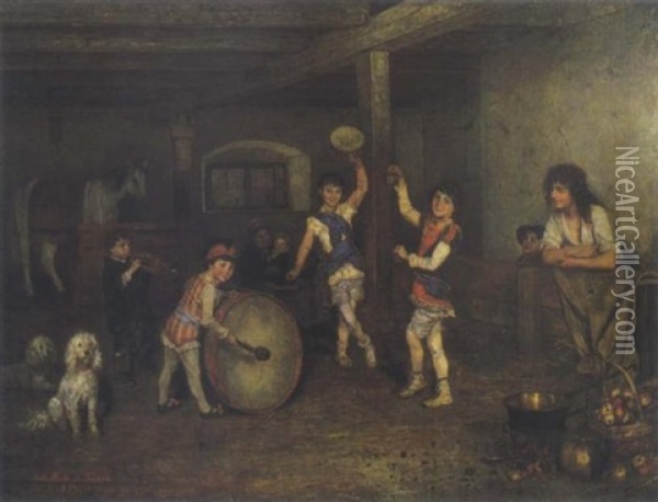 Gauklerfamilie Bei Der Probe Oil Painting - Rudolf Hirth Du Frenes