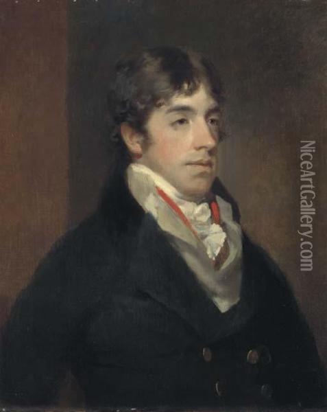 Portrait Of A Gentleman, Bust-length, In A Navy Coat Oil Painting - John James Masquerier
