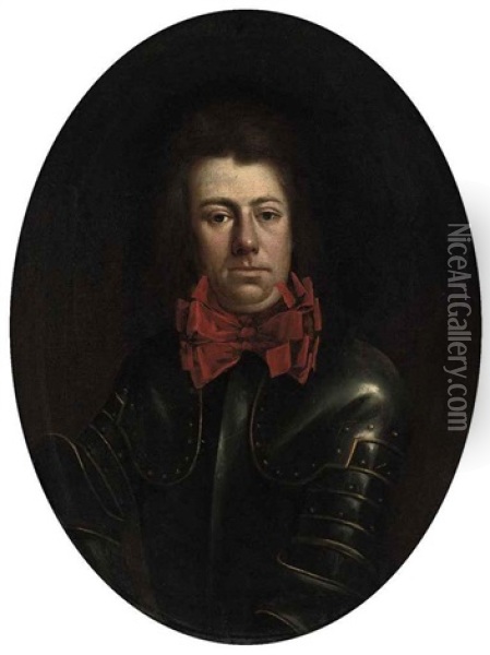 Portrait Of A Gentleman In Armor And Red Scarf Oil Painting - Alexis-Simon Belle