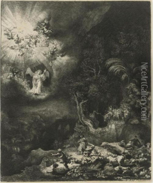 The Angel Appearing To The Shepherds (b., Holl. 44; H. 120; Bb. 34-j) Oil Painting - Rembrandt Van Rijn