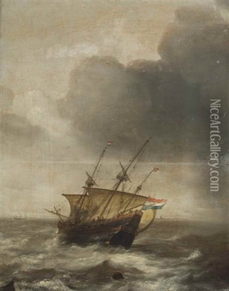 A Dutch Three Master In A Strong Breeze Oil Painting - Jan Porcellis
