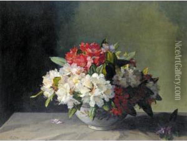 Rhododendrons In A Lustre Bowl Oil Painting - Hans, Jean Iten