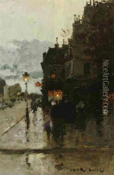 A Parisian Street Scene By Night Oil Painting - Luigi Loir
