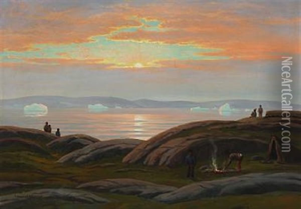 Midnatssol. Egedesminde Skaergaard Oil Painting - Emanuel A. Petersen