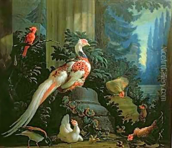 A White Pheasant, a Red Cardinal and Fowl in a Landscape Oil Painting - Abraham Bisschop Dordrecht