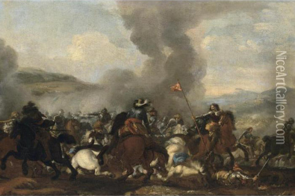 A Cavalry Battle Scene In A Hilly Landscape Oil Painting - Francesco Monti