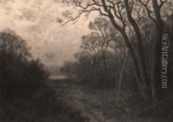 Vej Gennem Skoven Ved Solnedgangstide Oil Painting - Pierre-Ernest Ballue