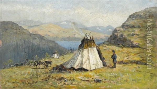 Berglandschaft Mit Soldaten Im Zelt Oil Painting - Olof Hermelin