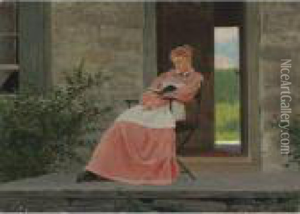 Girl Reading On A Stone Porch Oil Painting - Winslow Homer