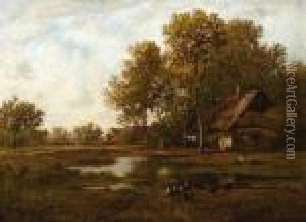Farmhouse By A Pond On The Brink Of The Woods Oil Painting - Leon Richet