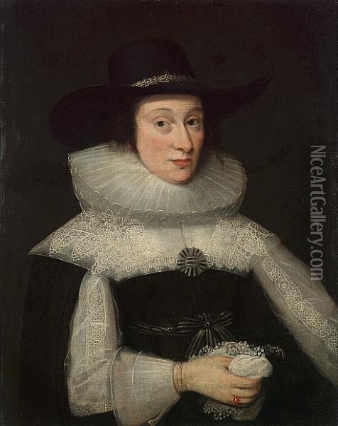 Portrait Of A Lady, Half-length,
 In Black Costume With White Lace Sleeves And Collar, And A Black Hat Oil Painting - Cornelius Jonson