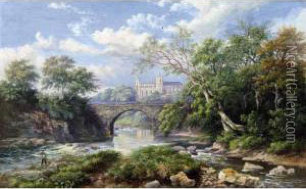 Fishing Near The Abbey; Fishing By The Falls Oil Painting - Kenneth Macleay