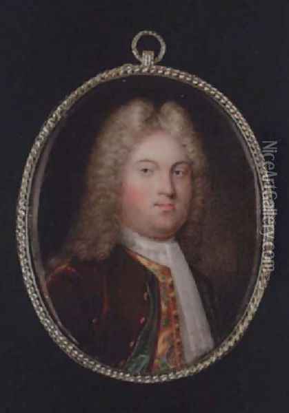 A gentleman wearing wig, burgundy coat with green lining, green figured yellow waistcoat and white cravat Oil Painting - Francis Bindon