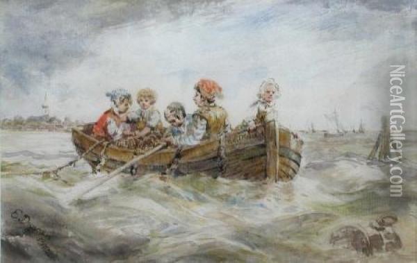 Five Children In A Boat At Northwich Oil Painting - Edward Duncan