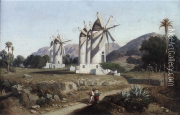 Sudlandische Landschaft Mit Windmuhlen Oil Painting - Adolphe-Paul-Emile Balfourier