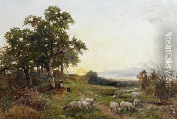 A Shepherd And His Flock, Near Ledbury Oil Painting - David Bates