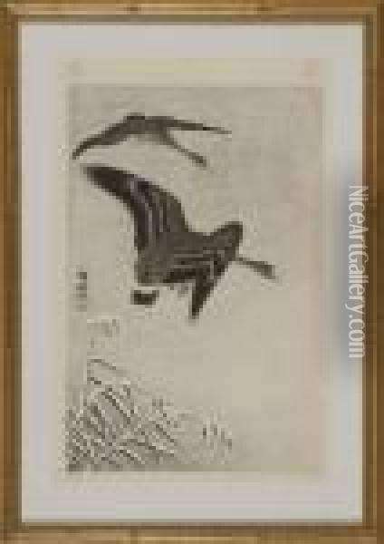 Geese In Flight Above Snow-covered Grasses Oil Painting - Ohara Koson
