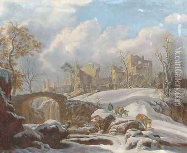 A winter landscape with a peasant and his mules by a frozen stream, ruins in the distance Oil Painting - Francesco Foschi