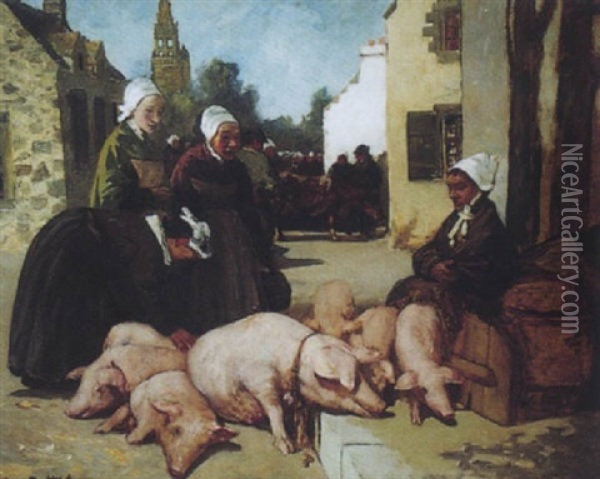Marche Aux Cochons En Bretagne Oil Painting - Charles Cottet