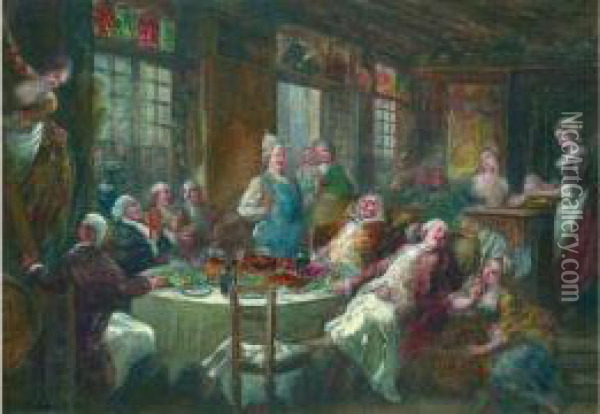 Banquet A L'auberge Sous Louis Xv Oil Painting - Joseph Navlet