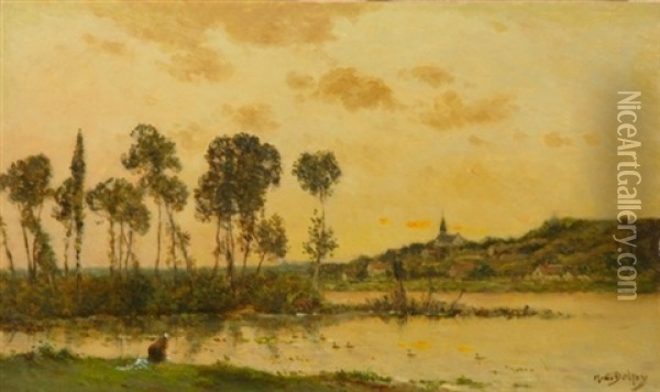 Washerwoman At Dusk (two Ducks, Stencil, Verso) Oil Painting - Hippolyte Camille Delpy