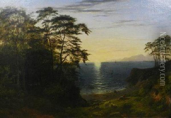 At The End Of The Day - A Shepherd With His Flock In An Extensive Coastal Landscape Oil Painting - Phillip Hutchins Rogers
