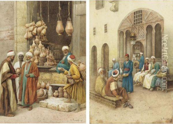 The Pottery Vender And The Tea Break: Two Works Oil Painting - Enrico Tarenghi