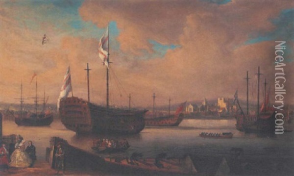 Men-o'war Laid Up Off Chatham, With A View Of Rochester Beyond Oil Painting - Thomas Mellish